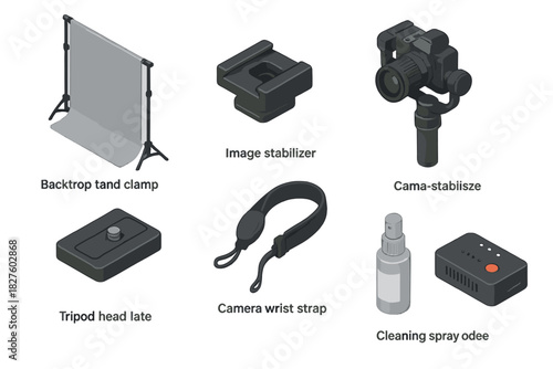 Camera Gear Collection. Isometric vector illustration set of Camera and Photography: backdrop stand clamp, cold shoe mount, image