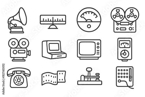 Retro Tech Icons. Line style icons of retro technology: phonograph dial, radio tuner, cassette deck meter, reel-to-reel recorder;