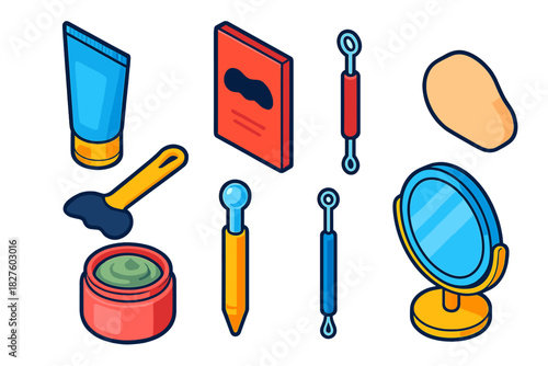 Skincare Essentials Icons. Isometric vector illustration set Skincare routine – charcoal cleanser tube, pore strip pack, blackhead