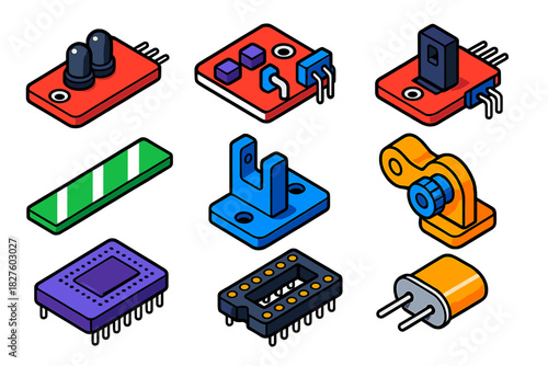 Robotics Kit Components. Isometric vector illustration set Robotics kits – infrared module, line follower sensor, QRE sensor;