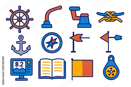 Sailing Equipment Icons. Flat vector icons of sailing equipment: rudder wheel, tiller handle, winch crank, rope cleat, anchor,