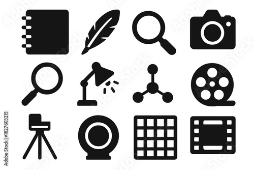 Scientific Tools Icons. Solid style icons of scientific observation and recording: notebook, quill, magnifying glass, camera,