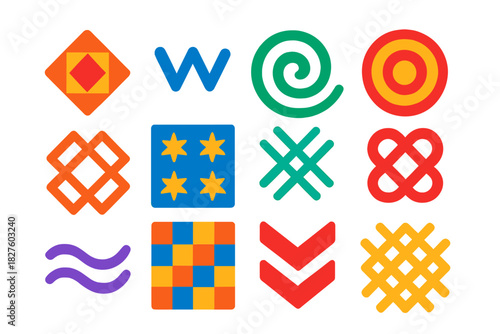 Geometric Pattern Icons. Flat vector icons of symbolic and decorative patterns: geometric motif, zigzag line, spiral, concentric