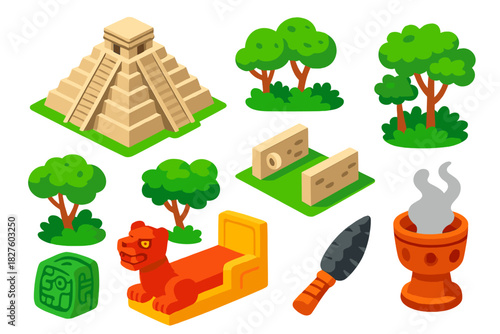 Mayan Historical Icons. Isometric vector illustration set Historical monuments – Chichen Itza pyramid, El Castillo steps, Jaguar