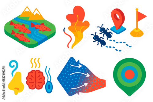Olfactory Navigation Icons. Isometric vector illustration set Olfactory maps: salmon homing to spawning grounds, odor plume