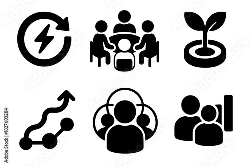 Hybrid Mentor Icons. Solid style icons of hybrid mentor circles: rotation badge icon, multi-age roundtable, shared growth ring. Co