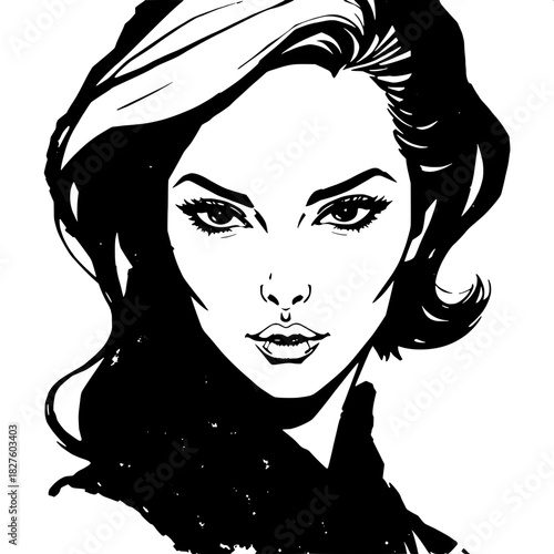 A minimalist yet bold black-ink depiction of a woman with a powerful jawline and swept-up dark hair, centered against a clean blank white background in a high-contrast aesthetic, her facial features d