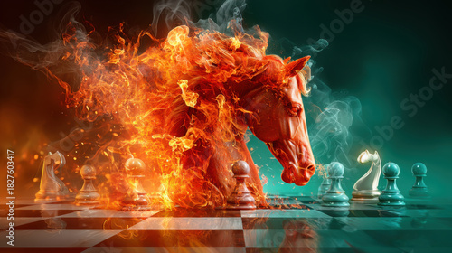 Fiery red chess knight made of roaring flames facing cool teal pieces on reflective chessboard, dramatic fantasy concept of strategy, risk and decisive moves in the Year of the Horse