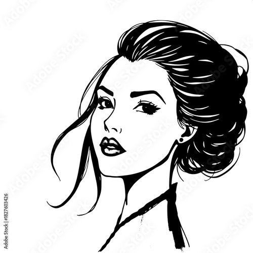 A minimalist yet bold black-ink depiction of a woman with a powerful jawline and swept-up dark hair, centered against a clean blank white background in a high-contrast aesthetic, her facial features d