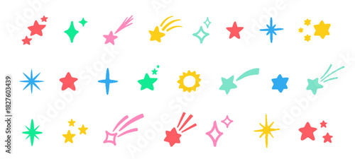 Star Icon Shape Pen Comic Vector Set. Chalk Scribble Sparkle Graffiti Sturburst Cartoon Splash Firework Shapes Collection. Hand Drawn Marker Burst Twinkle Squiggles. Pencil Sparks Charcoal Doodles