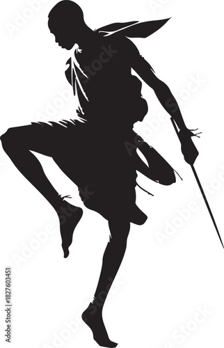 A silhouette of a Maasai warrior in a dynamic pose, likely jumping or in motion, wielding a spear. The image captures the cultural essence.