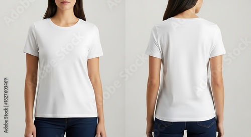 Front and back view of a plain white tshirt worn by a woman, highlighting the cut and silhouette of the garment