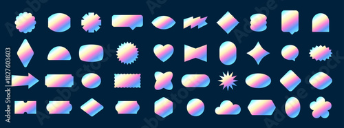 Stickers y2k retro shapes set. Abstract vector graphic elements in vaporwave acid gradient style. Trendy geometry icons labels design. Digital brutalist techno badge templates collection. Isolated