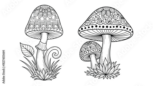 Mushroom Coloring Page: Detailed Fungi with Mandala Patterns