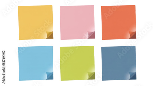 Six vibrant blank sticky notes in various colors with curled corners, arranged on a contrasting background, perfect for reminders or messages. background removed