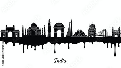 India City Skyline Silhouette with Dripping Paint Effect
