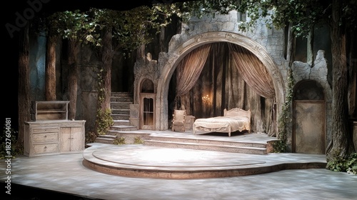 A theatrical stage set featuring a bed, trees, and architectural elements, with dramatic lighting creating a moody atmosphere.