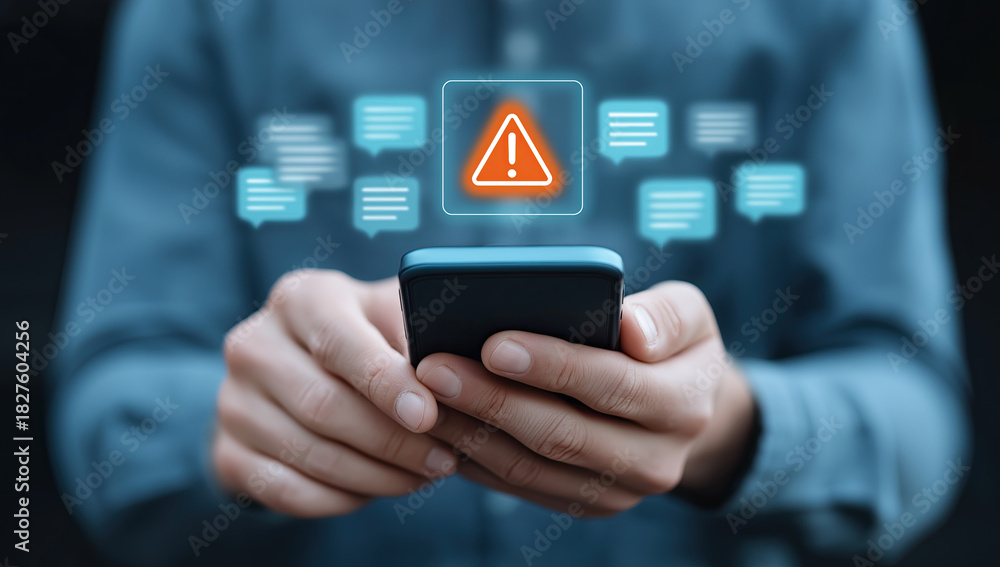 custom made wallpaper toronto digitalPerson holding smartphone displaying prominent warning alert notification with message icons floating.