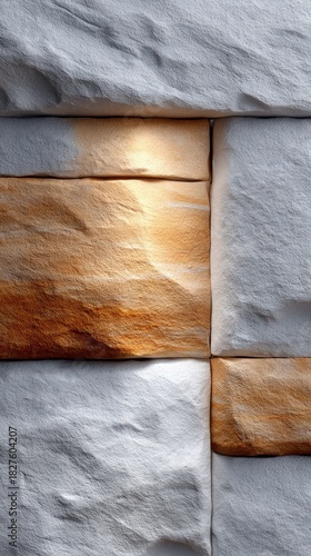Close-up of a stone wall with a textured surface, featuring a combination of white and brown stones, illuminated by warm lighting.