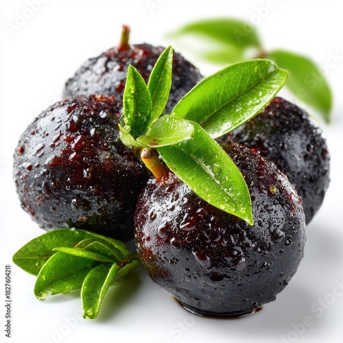 Fresh Jabuticaba Fruits with Water Droplets and Green Leaves on White Surface