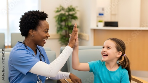 Smiling nurse giving a high five to a happy young girl patient in a bright hospital or clinic waiting area
