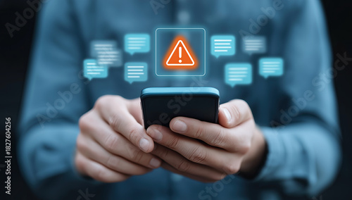 Wallpaper Mural Person holding smartphone displaying prominent warning alert notification with message icons floating. Torontodigital.ca