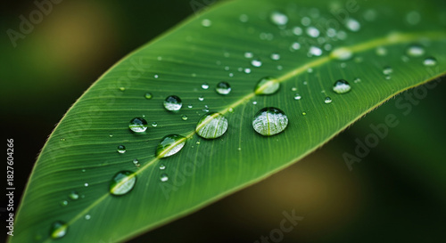 Refreshing raindrops glistening on vibrant green leaf creating a natural, clean aesthetic