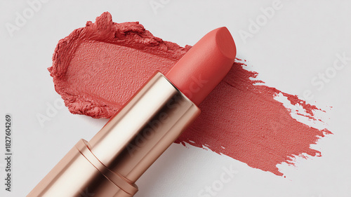 A creamy matte lipstick bullet sits beside a vibrant smear of lipstick. The colors blend beautifully, showcasing a fresh makeup look perfect for any occasion