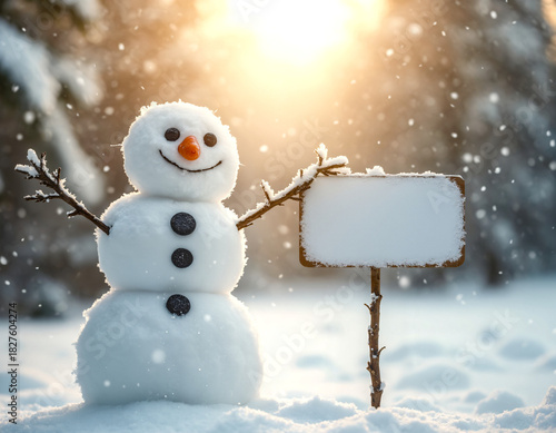 Cheerful snowman holding a blank sign in a snowy winter sunset. Magical Christmas background with copy space for holiday messages.