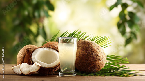 Fresh coconuts sit on a wooden table, with one half opened to reveal the white meat inside. A clear glass of coconut water stands beside them, surrounded by tropical greenery in soft daylight