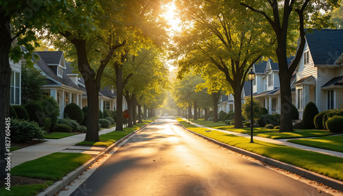 Quiet suburban street with houses, green trees. Peaceful residential neighborhood in warm morning sun. Calm community road with neat lawns idyllic place. Family friendly area with sidewalks for