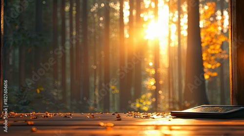 A tablet rests on a wooden surface, with a blurred forest and bright sunlight visible through a window. The scene is bathed in golden light.