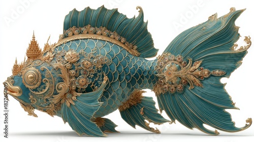 Ornate decorative fish sculpture with intricate gold detailing and blue green scales, showcasing artistic craftsmanship and elegant design in fantasy style