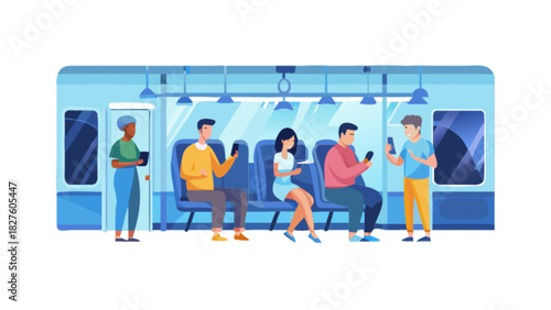 People using smartphones on public transport subway train vector illustration design template art