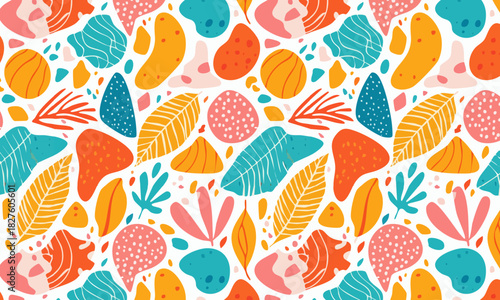 Seamless Abstract Summer Pattern, Colorful Organic Tropical Leaf Background with Memphis Style
