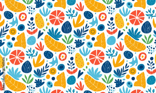 Seamless Abstract Summer Pattern, Colorful Organic Fruit and Leaf Background with Memphis Style