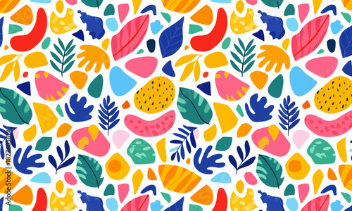 Seamless Tropical Botanical Pattern, Trendy Collage Shapes Background with Bright Pink and Blue Leaves