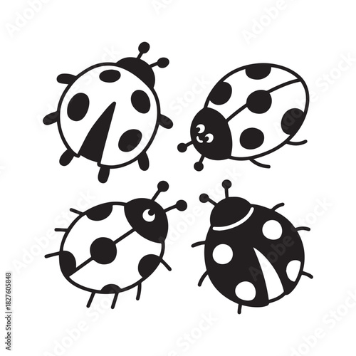 Black and white vector icons of cute spotted ladybug and ladybird beetles.
