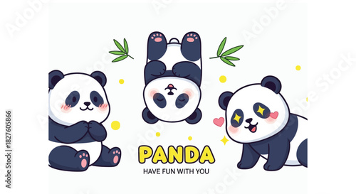 Cute Cartoon Panda Bear Collection with Bamboo and Stars