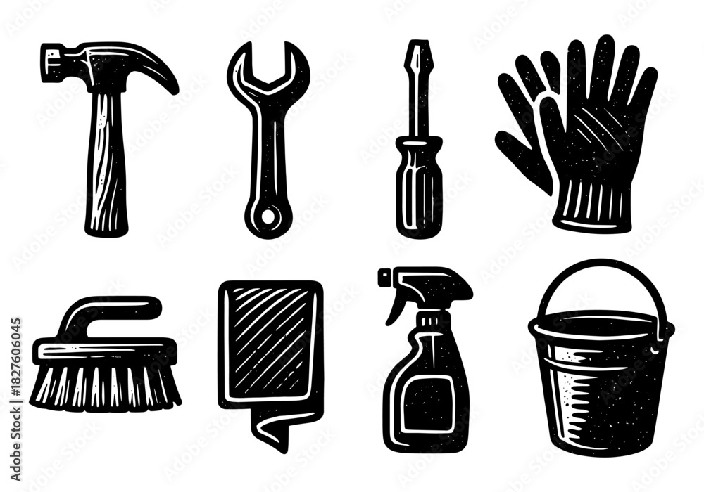 Obraz premium Vintage tool and cleaning equipment set in black and white