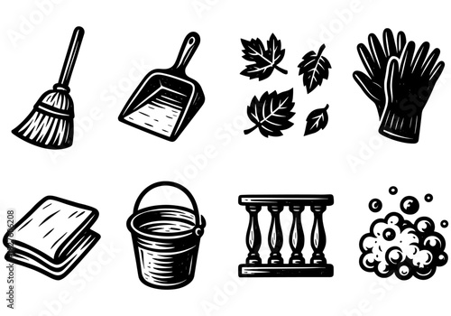 Cleaning tools and autumn leaves: vintage black and white icons collection