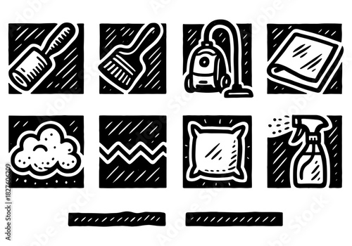 Hand drawn cleaning icons set with brush, vacuum, and detergent