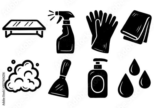 Essential cleaning tools: spray bottle, gloves, soap, and more in black silhouette