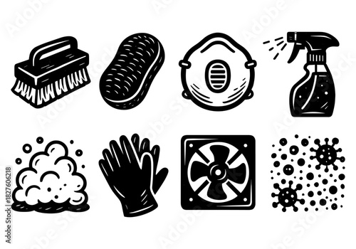 Cleaning tools and hygiene icons: mask, brush, gloves, soap, and spray