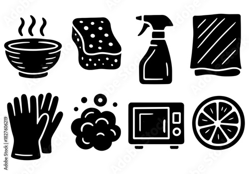 Kitchen silhouette icons for cleaning and cooking essentials