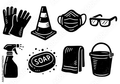 Hand-drawn icon set of cleaning and safety equipment in black and white