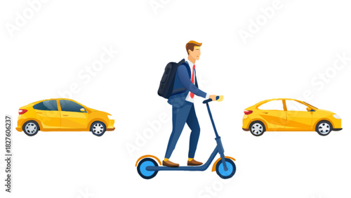 Man commuting to work on electric scooter with cars in background for transportation concept vector