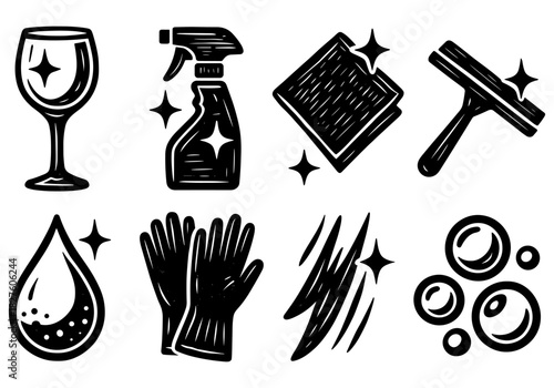 Essential cleaning icons: bold black icons featuring cleaning supplies and tools
