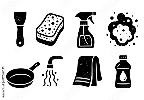 Vintage-style cleaning icons: distressed silhouettes of household tools and supplies