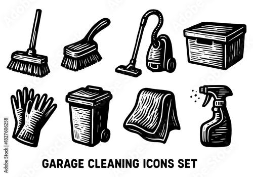 Essential garage cleaning tools icon set in vintage style for home maintenance